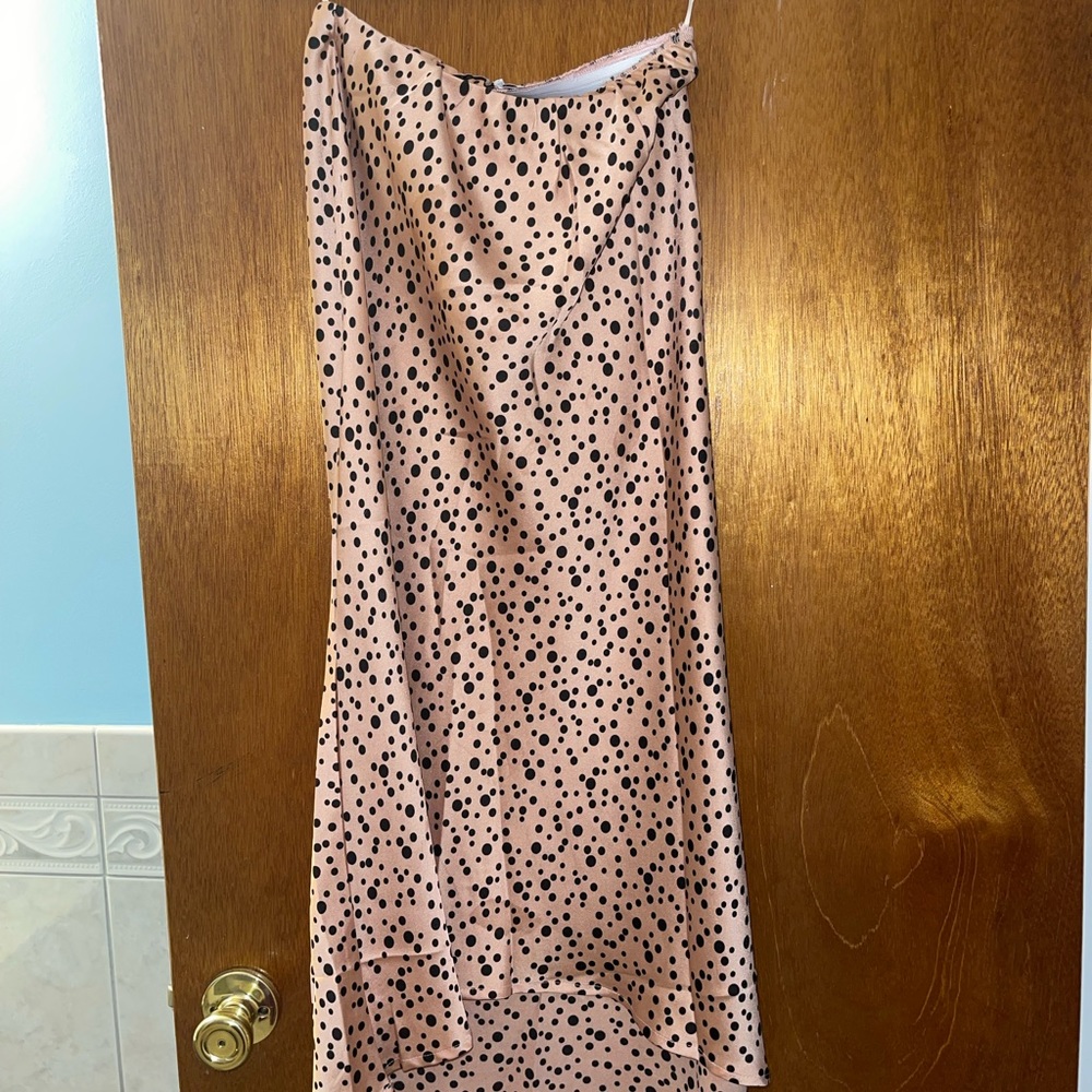 Petal and Pup Midi skirt. Pink and black polka dot